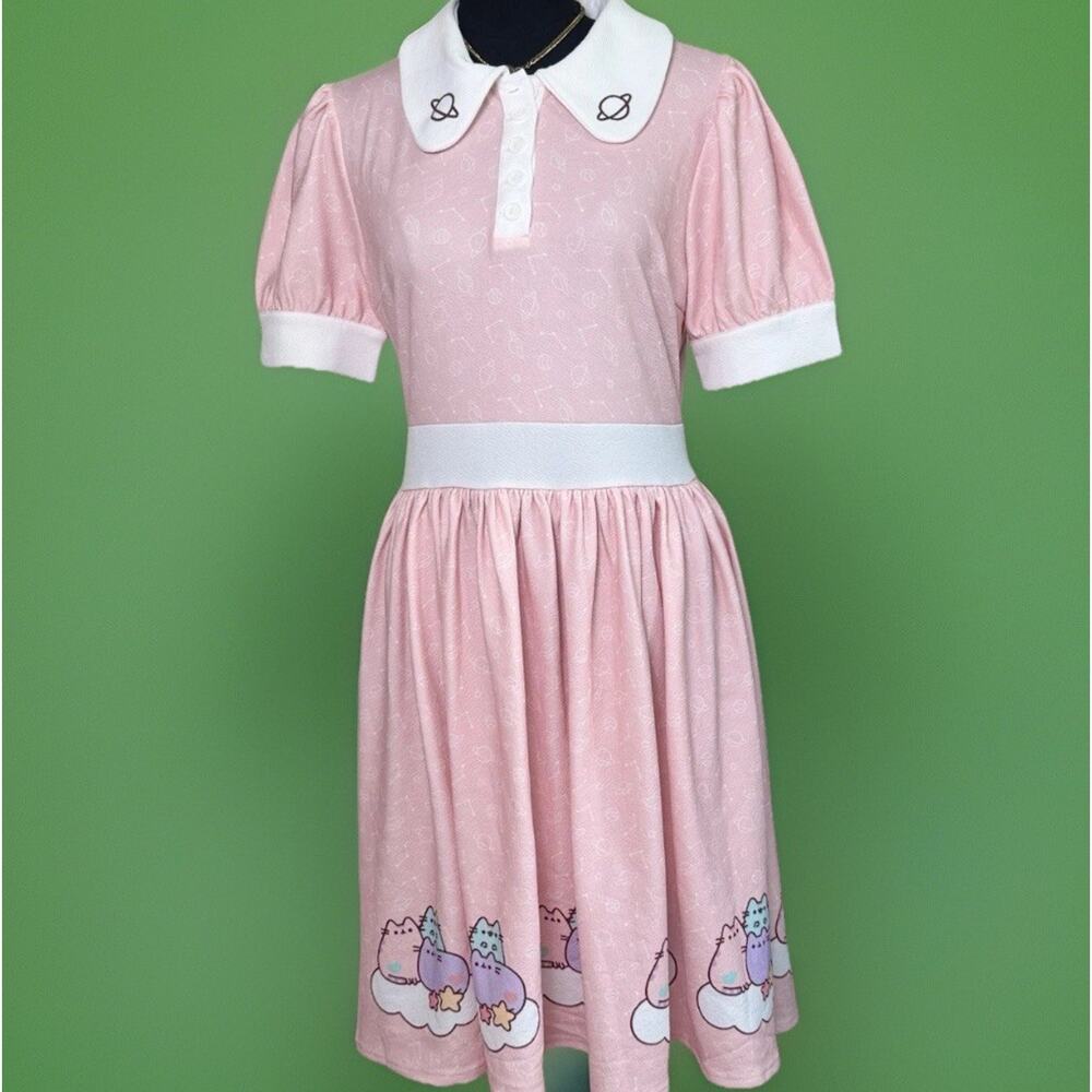 Pusheen x Unique Vintage Pink 50s Style Swing Dress L Kawaii Space Cat Retro - Picture 2 of 11